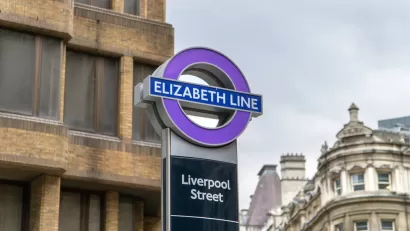 A sign for the Elizabeth Line, a subway route in London, at the Liverpool Street Station
