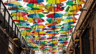 Colorful umbrellas over an alleyway in RiNo Arts District, Denver, Colorado