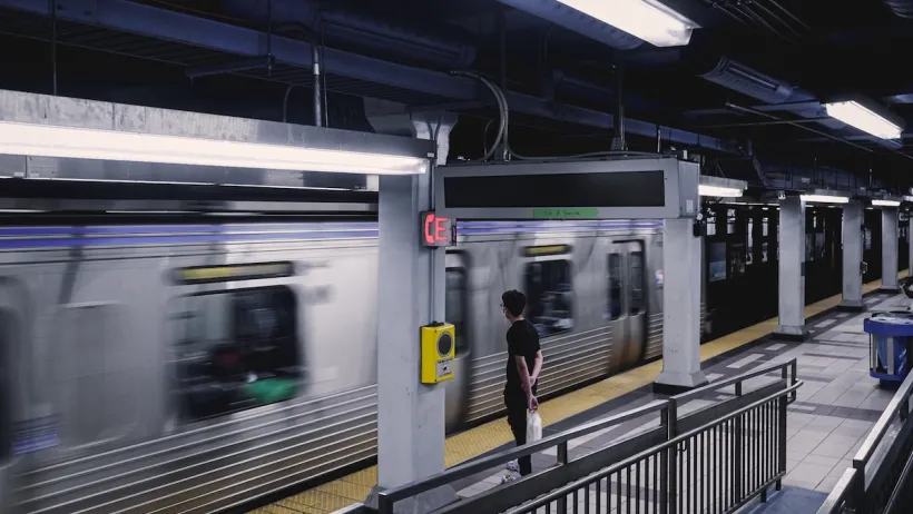 Subway station with silver trains in Phialdelphia, Pennsylvania.