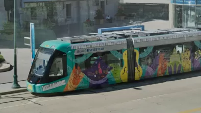 Kansas City streetcar with colorful wrap at Union Station