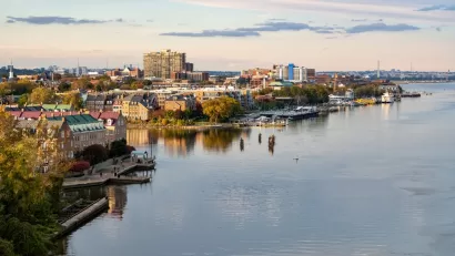 Aerial view of Alexandria, Virginia from over Potomac River
