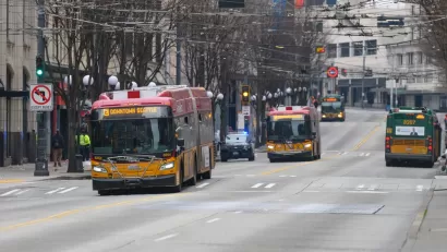 Buses in downtown Seattle on the dedicated 3rd Avenue bus lanes