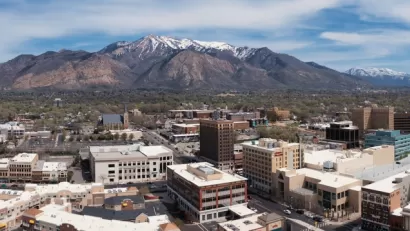 Aerial view of Ogden, Utah with Wasatch Mountains in the background