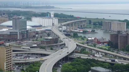 Aerial view of elevated Buffalo Skyway freeway in Buffalo, New York