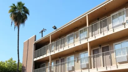 Three-story tan motel building with tall palm tree in the background