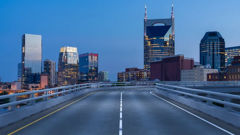 A highway with the Nashville skyline visible.