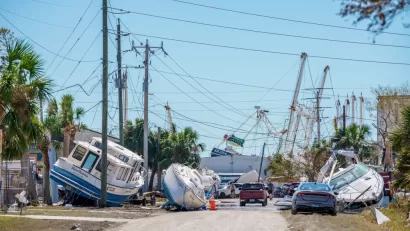 Boats in the street in Ft. Myers, Florida after Hurricane Ian storm surge
