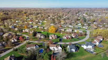 Aerial view of large suburban homes in Rochester, New York