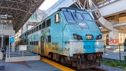 Tri-Rail commuter rail train at Miami International Airport railway station in Florida, United States.
