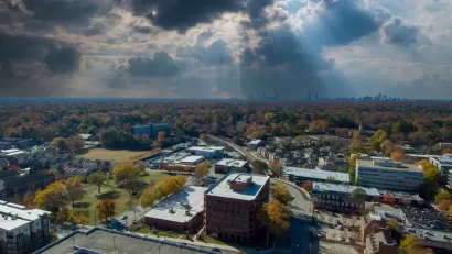 Aerial view of Decatur, Georgia with cloudy sky