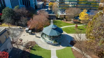 Aerial view of gazebo and surrounding lawn and buildings in Decatur Square, Decatur, Georgia