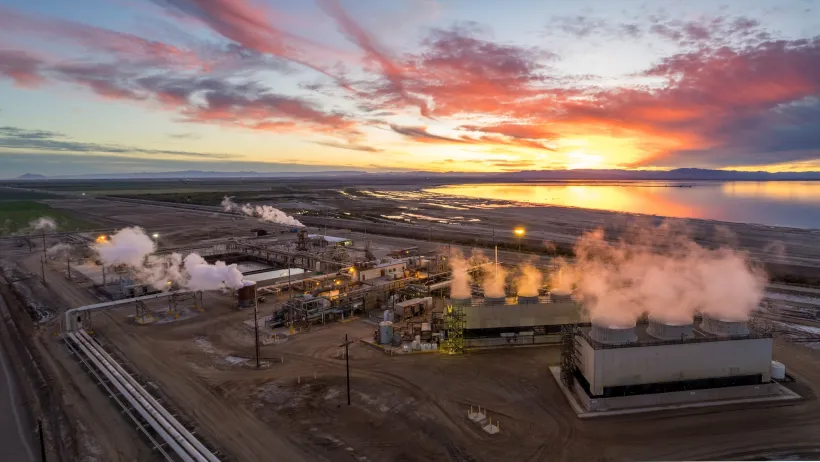 Geothermal energy plant at dusk near Salton Sea, California.