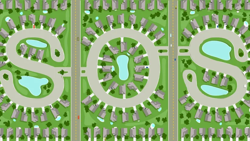 Aerial view graphic of surburban homes with green laws and ponds with grey streets spelling out SOS.