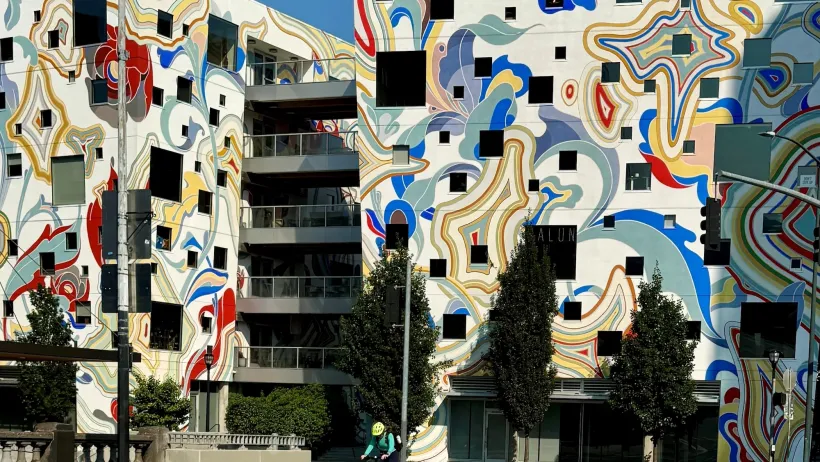 Colorful abstract mural on apartment building in Portland, Oregon.