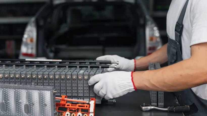 Person wearing white gloves handling lithium ion electric car battery.