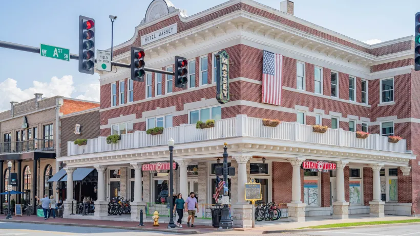 Brick two-story hotel from 1800s in Bentonville, Arkansas.