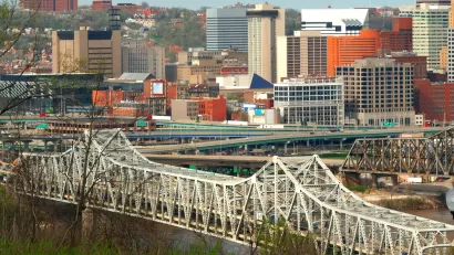 Aerial view of Brent Spence Bridge over Ohio River