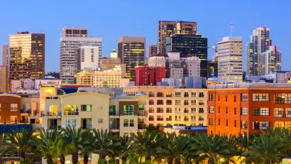 San Diego skyline and apartment buildings