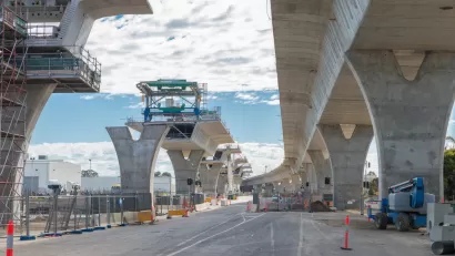 Concrete highway overpasses under construction, view from below