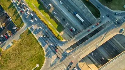 Aerial direct overhead view of I-35 freeway in Austin, Texas