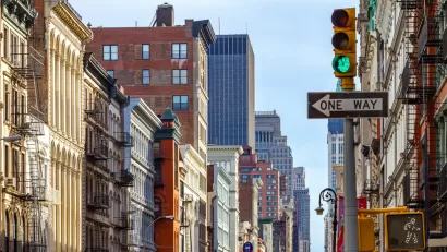 View of New York City apartment buildings.