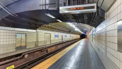 Empty subterranean train platform in Jersey City, New Jersey
