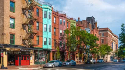 Boston street with four-story bricks buildings