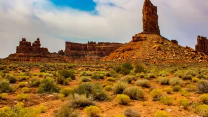 View of red rock spires and formations in Bears Ears National Monument, Utah