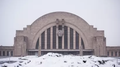 View of snowy Union Station building in Cincinnati, Ohio