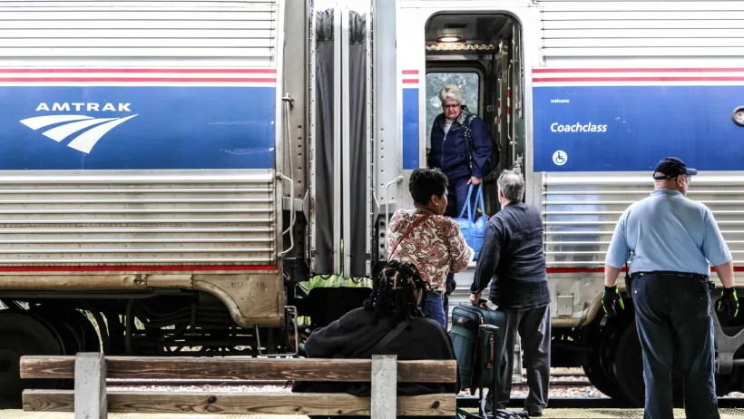 Passengers boarding an AMtrak train in Deland, Florida.
