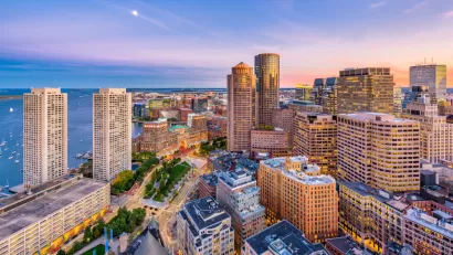 Aerial view of high-rise buildings on waterfront in Boston, Massachusetts