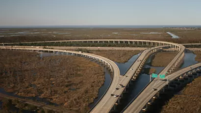 Aerial view of I-10 junction over swamp near New Orleans, Louisiana