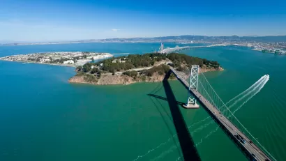 San Francisco Bay bridge and Treasure Island aerial view