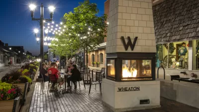 A public plaza along a main street in downtown Wheaton, Illinois.