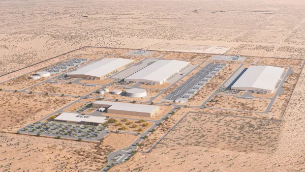 A rendering of Meta's proposed data center. We see the large gray buildings from above.
