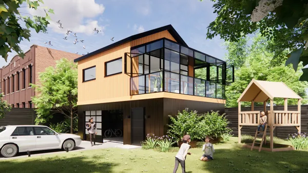 A rendering of an ADU above a garage. Two children play in the yard.