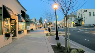 low scale mercantile buildings along central street in old town Elk Grove, CA
