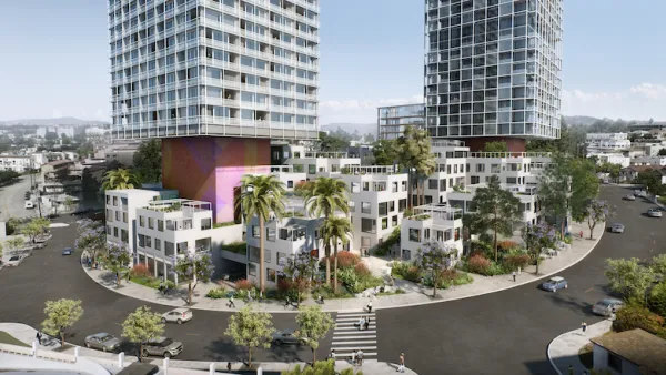 A conceptual rendering of a large development including two high-rises and several smaller buildings. 