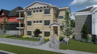 A conceptual rendering of a three story condominium development.