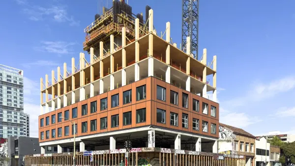 Mid-rise residential building under construction in Oakland, California.