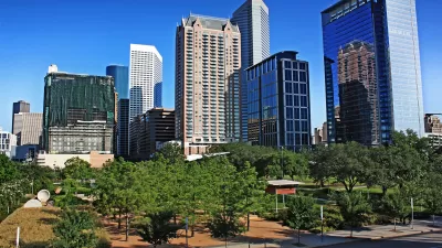 Discovery Green and Houston skyline