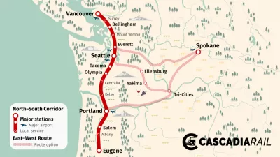 A map of a planned high-speed rail connecting Portland to Seattle and Vancouver.