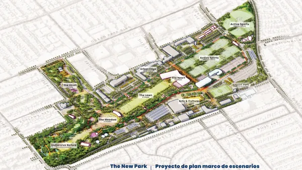 A map of the proposed project, showing ample green space and space dedicated for culture and athletics.