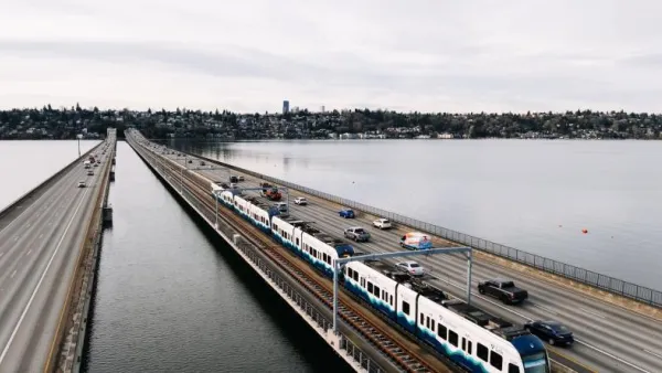 Sound Transit light rail train traveling across floating bridge.