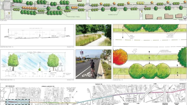 Diagram of proposed street redesign in Huntsville, Alabama with illustrations of new bike lanes and sidewalks. 