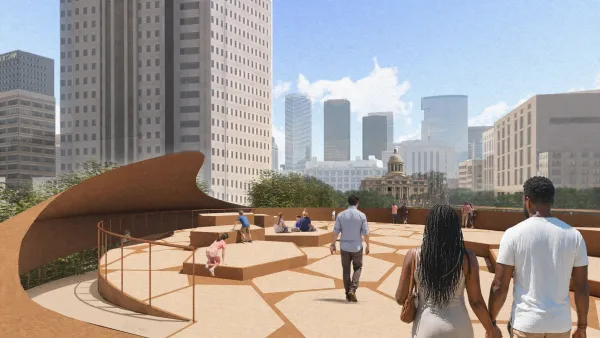 Rendering of Remembrance Park upper deck with people walking on brown open-air deck on sunny day overlooking downtown Houston.