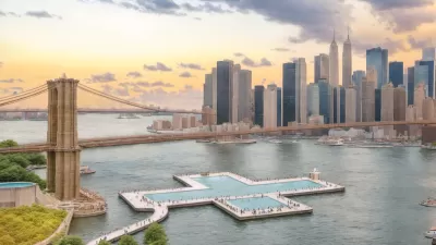 Rendering of plus-shaped floating pool next to Brooklyn Bridge in East River.