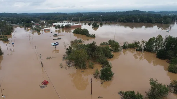 Aerial of flood in neighborhood in Burke County, North Carolina.