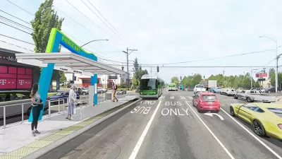 A conceptual rendering of a bus station station with two bus-only lanes running in the street.