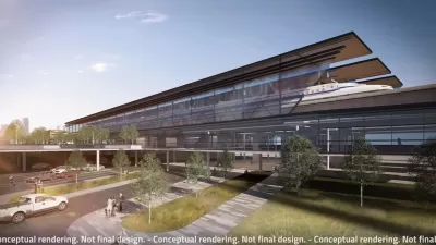 Rendering of proposed modern glass high-speed rail station in Houston, Texas.